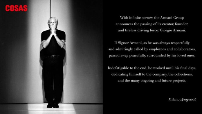 Muere Giorgio Armani el legendario diseñador que transformó la moda mundial con su estilo atemporal y redefinió la elegancia.